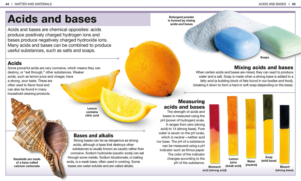 Pocket Genius Science open page on acids and bases with images of lemon, detergent, soap, and color indicators.
