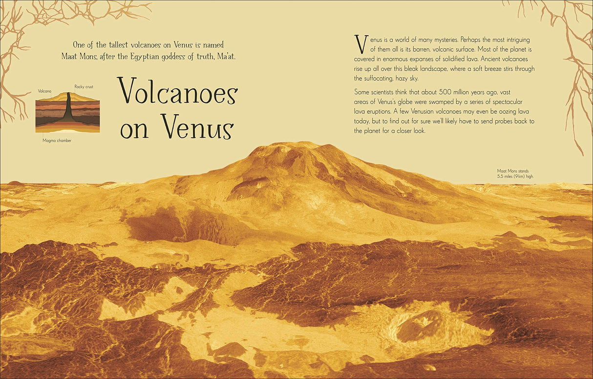 Mysteries of the Universe book page showing detailed illustration and facts about volcanoes on Venus.