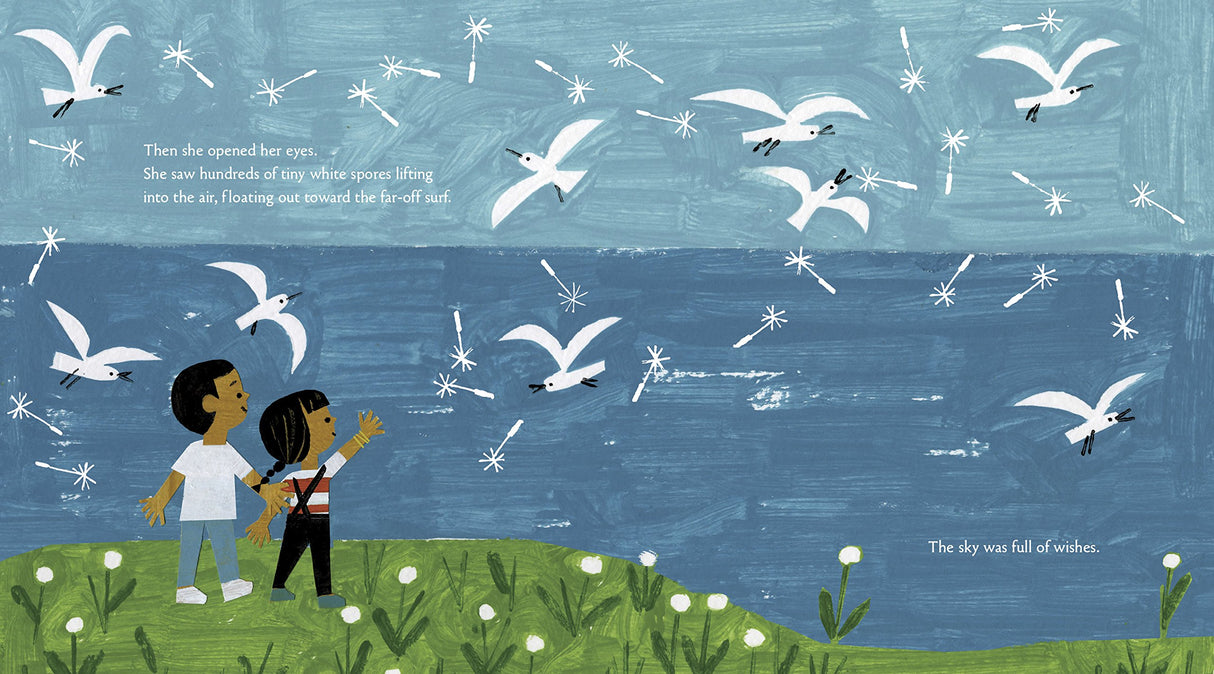 Illustration from Carmela Full of Wishes showing two children watching dandelion seeds float into a sky full of birds and wishes.