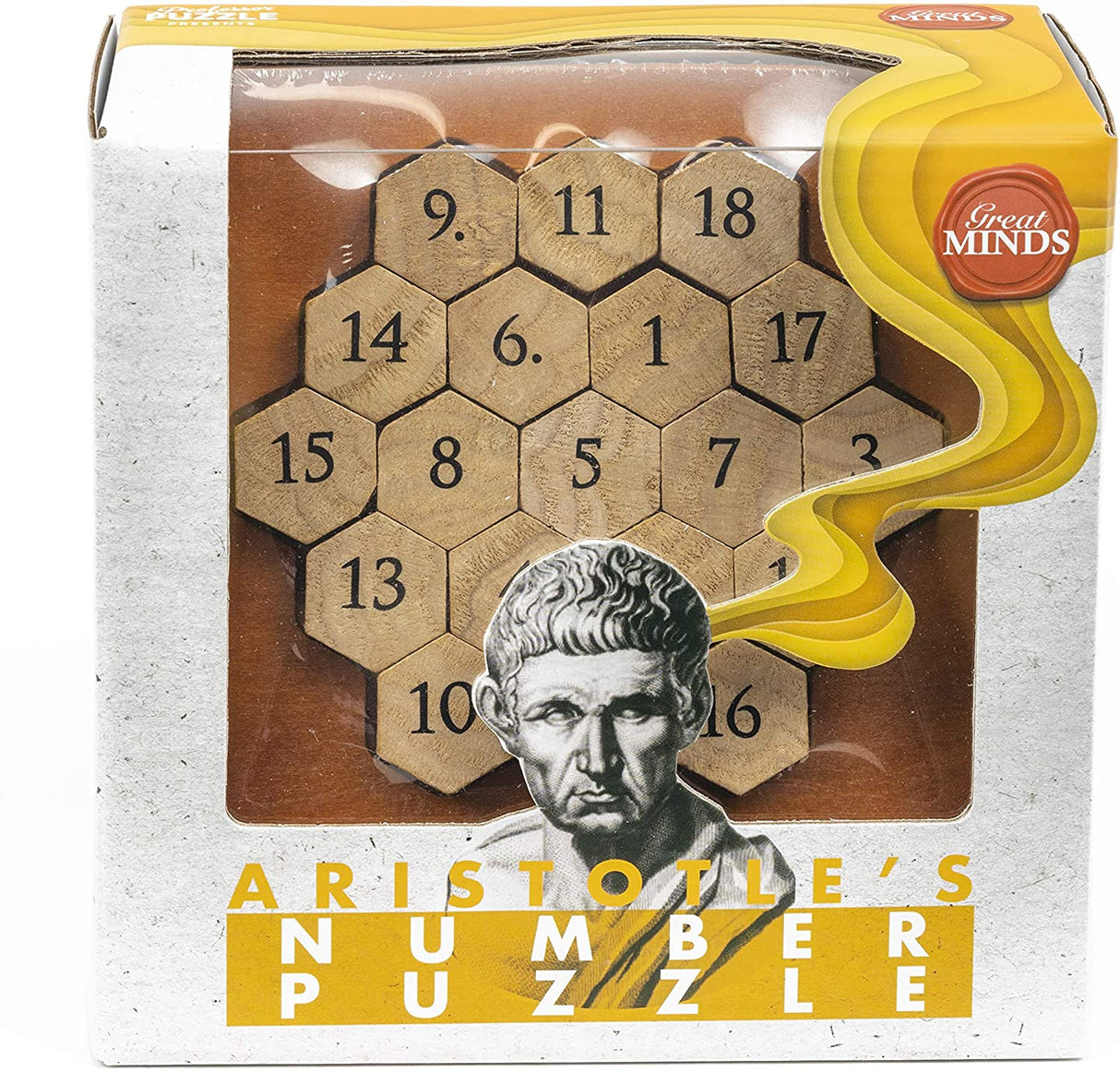 Aristotle Number Puzzle wooden brainteaser with hexagonal pieces and numbers for math challenge and logic play.