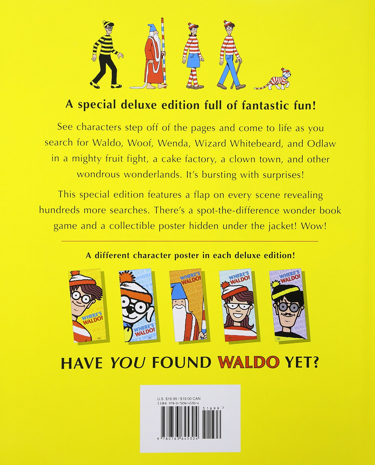 Back cover of Where's Waldo? Wonderbook showing characters, search details, and collectible poster information.