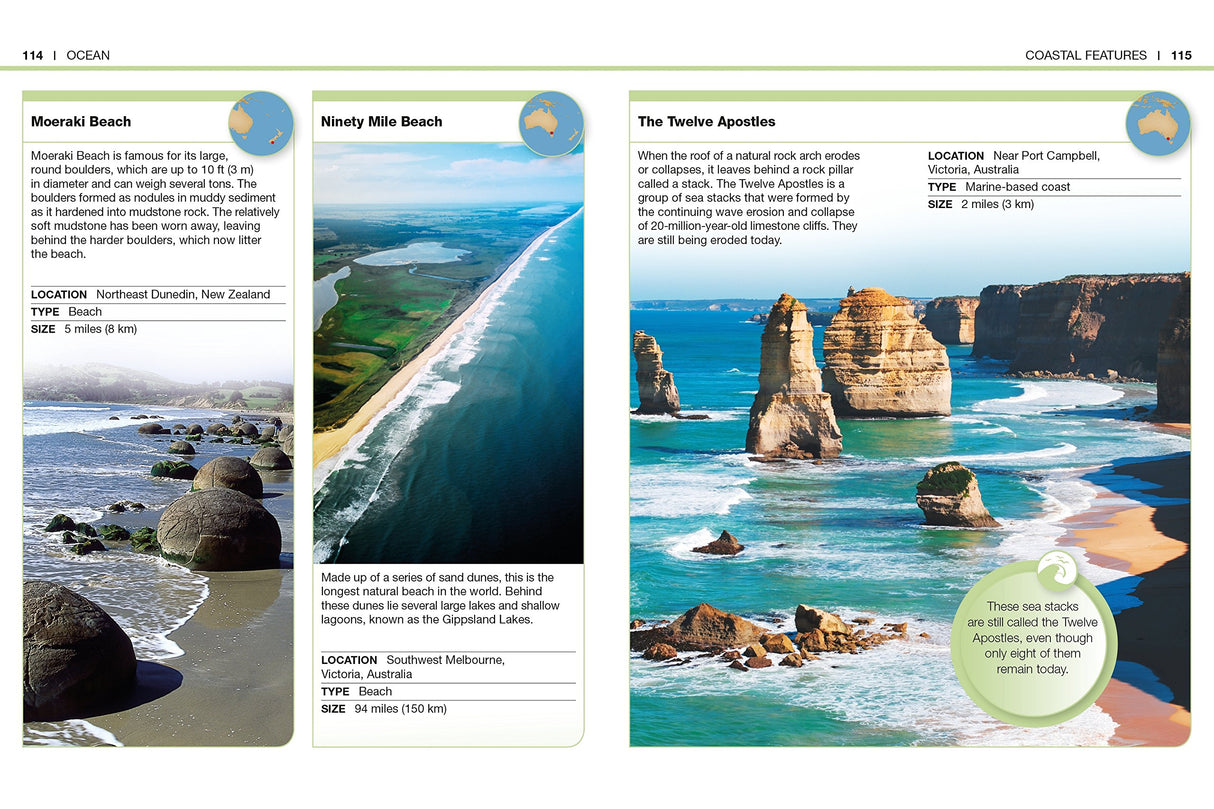 Pocket Genius Earth book showing pages about oceans, beaches, and coastal geological features with detailed descriptions.