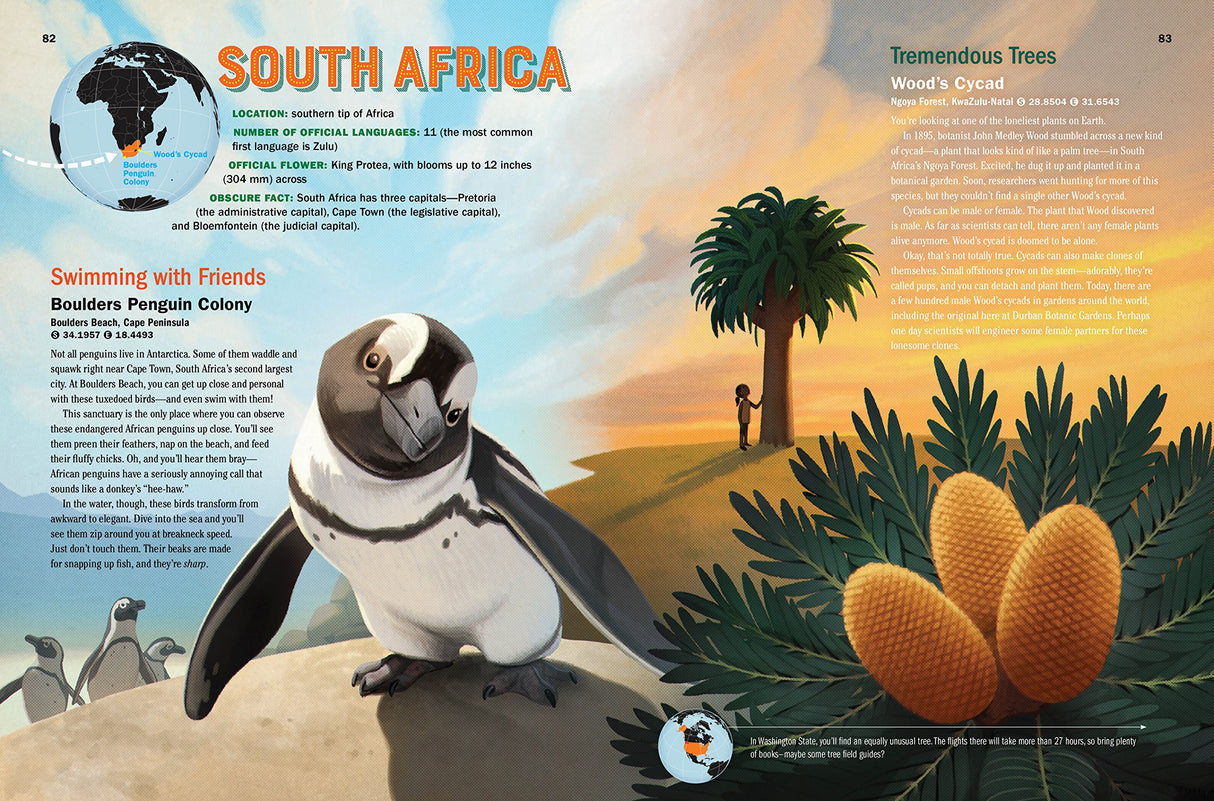 Atlas Obscura Explorer's Guide for the World's Most Adventurous Kid showing South Africa with a penguin and natural scenery illustration