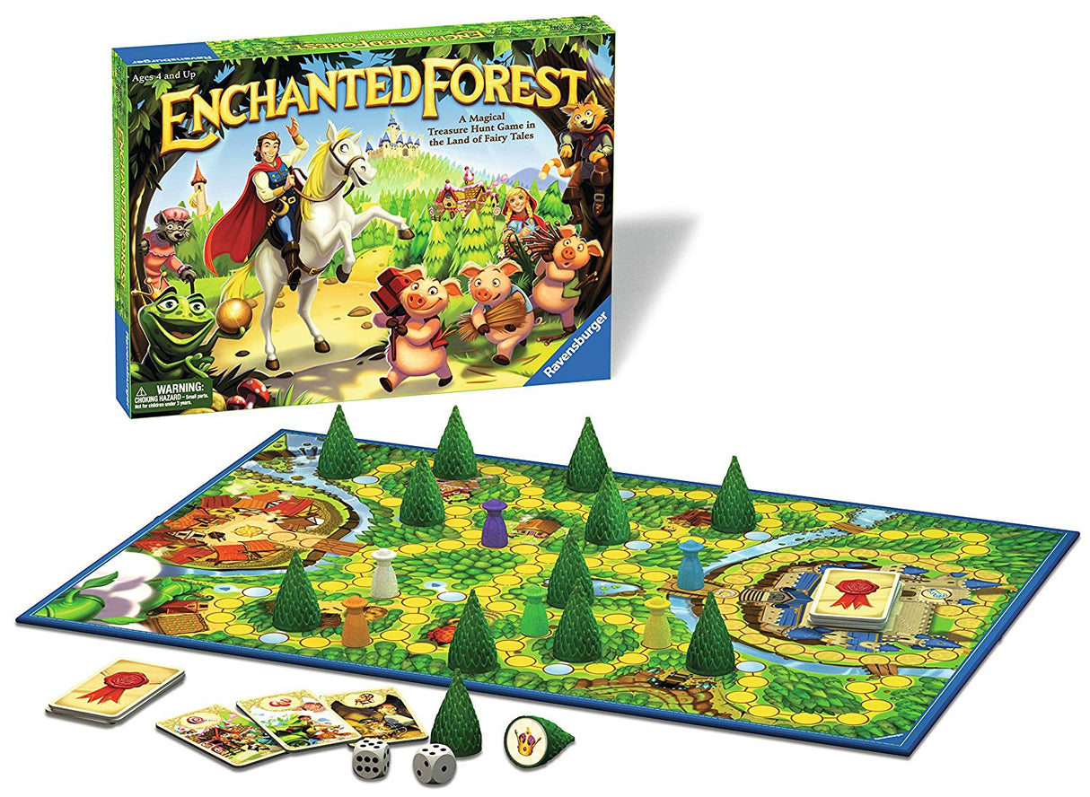 Enchanted Forest board game with colorful fairy tale characters, trees, cards, dice, and playing pieces for family fun.