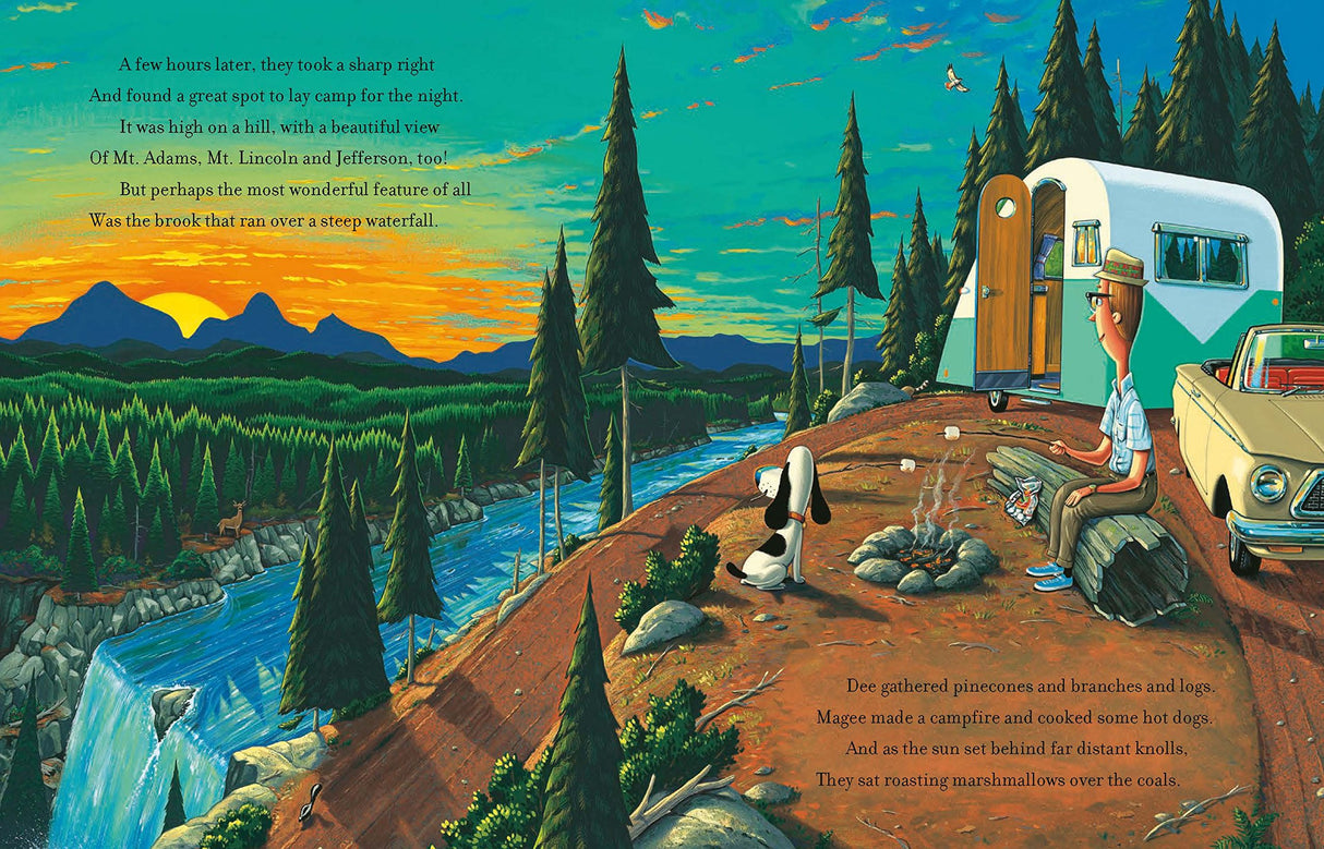 Camping Spree With Mr Magee shows Mr. Magee and dog camping near a cliff with a camper and sunset in the background.