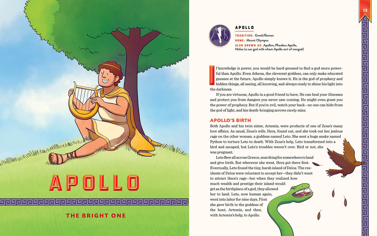 Gods and Heroes: Mythology Around the World book page showing Apollo with a lyre under a tree and mythological text.