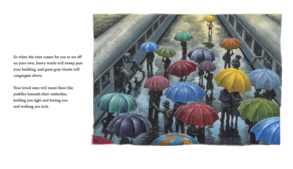 Love product showing colorful umbrellas in rain with comforting text about loved ones standing by you.