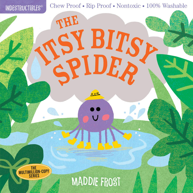Indestructibles: Itsy Bitsy Spider book cover with a smiling purple spider in yellow boots in a friendly nature scene.