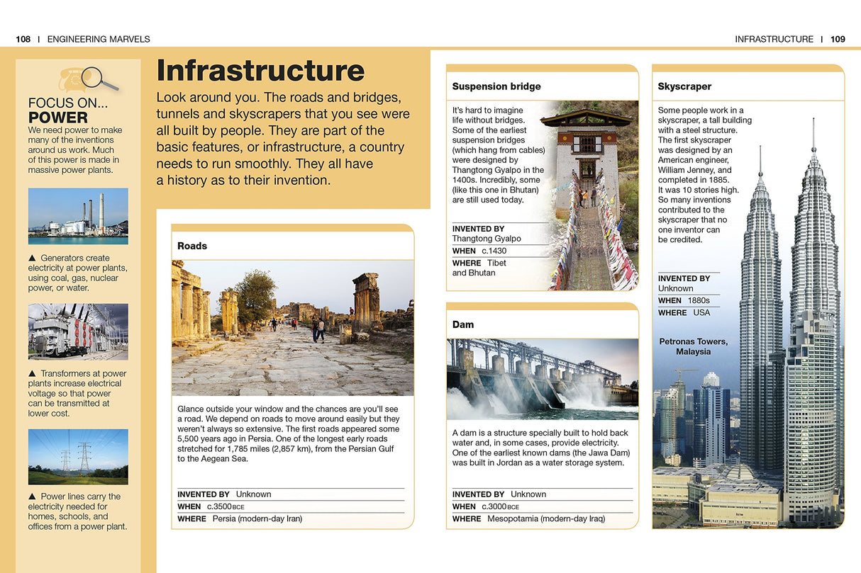 Pocket Genius Inventions showing illustrated pages on infrastructure, bridges, roads, dams, and skyscrapers.