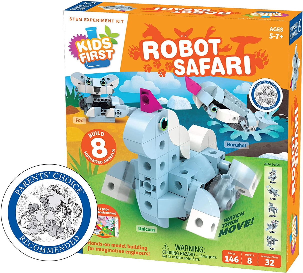 Robot Safari STEM kit box showing motorized robotic animals including unicorn, fox, and narwhal for kids ages 5 and up.
