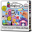 Colorforms Pets playset with 145 re-stickable pieces, 2 colorful scenes, and a sturdy storage box for creative fun.