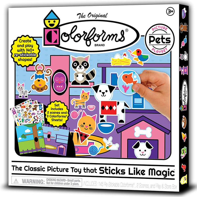Colorforms Pets playset with 145 re-stickable pieces, 2 colorful scenes, and a sturdy storage box for creative fun.