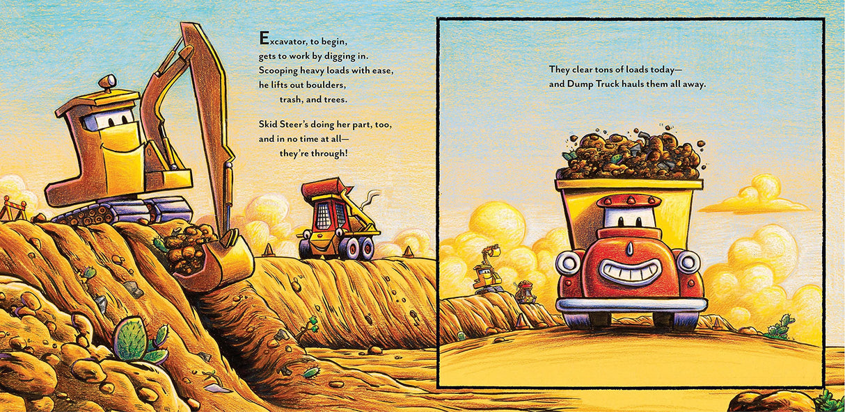 Construction Site: Road Crew Coming Through! showing animated excavator and dump truck working on a sunny road construction site.