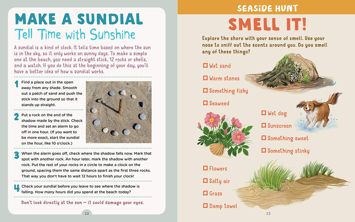 Backpack Explorer: Beach Walk showing a sundial craft and sensory seaside scavenger hunt activity pages for kids.