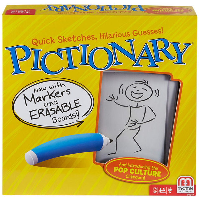 Pictionary game box showing erasable boards and markers for quick sketches and hilarious guesses.