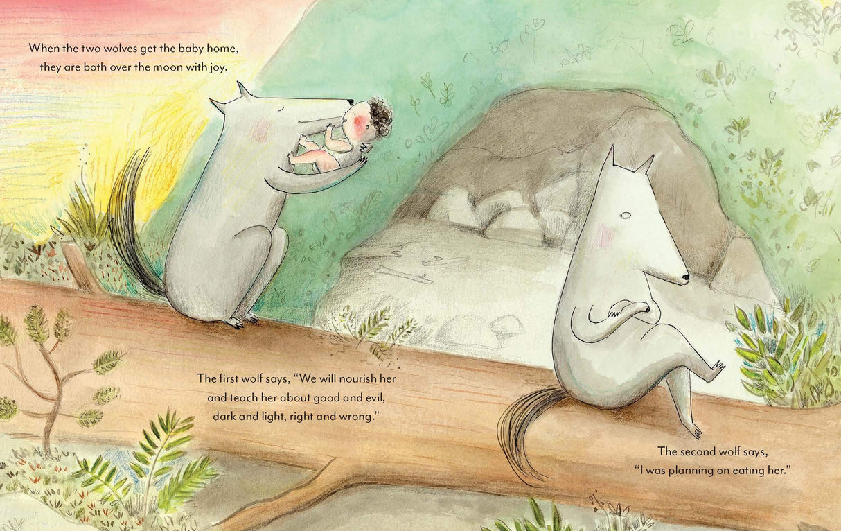 Illustration from Over the Moon showing two wolves joyfully rescuing a baby floating down a river in a whimsical forest scene.