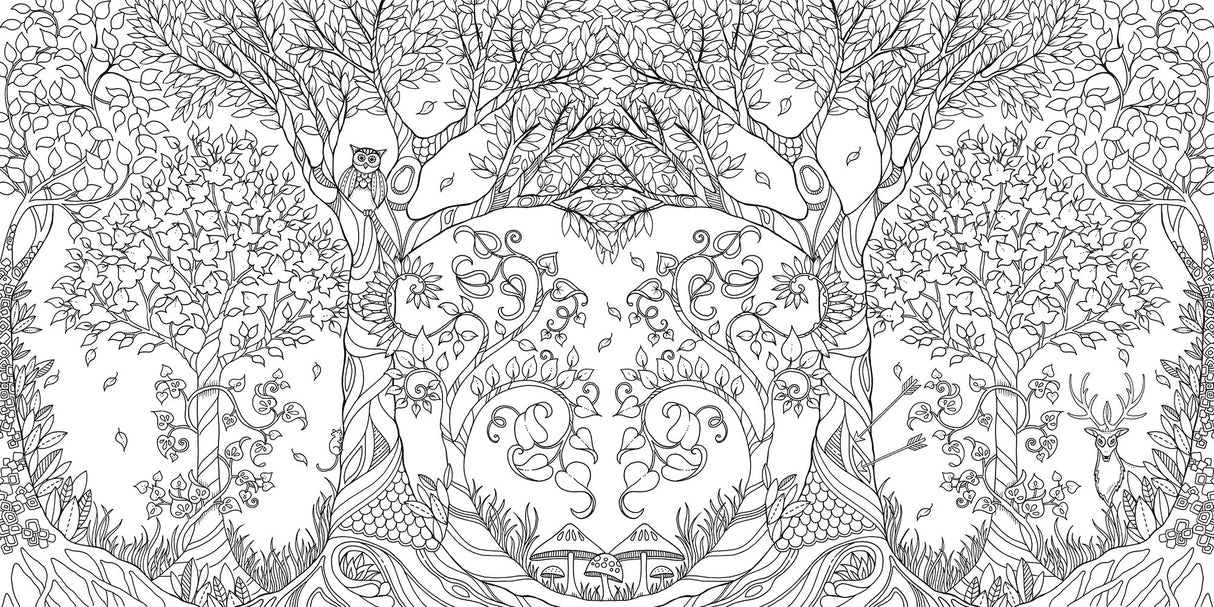 Enchanted Forest Coloring Book black and white intricate forest scene with trees, owl, mushrooms, and floral patterns.