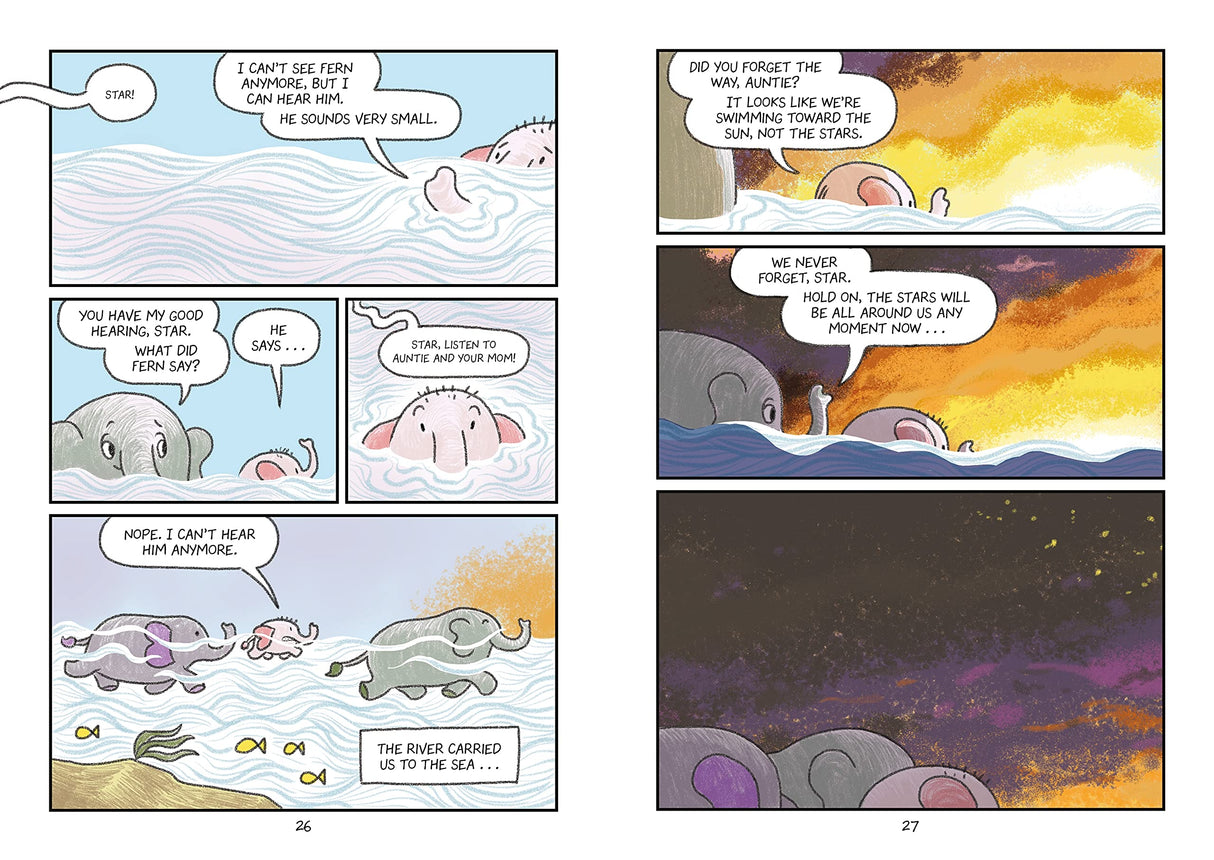 Surviving the Wild: Star the Elephant showing Star and his herd journeying through water under a starry sky in a graphic novel.