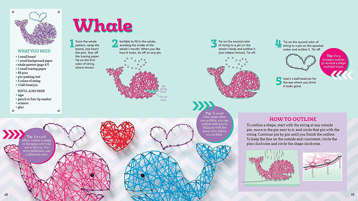 String Art product showing colorful whale string art instructions and completed projects with pins and string on boards.