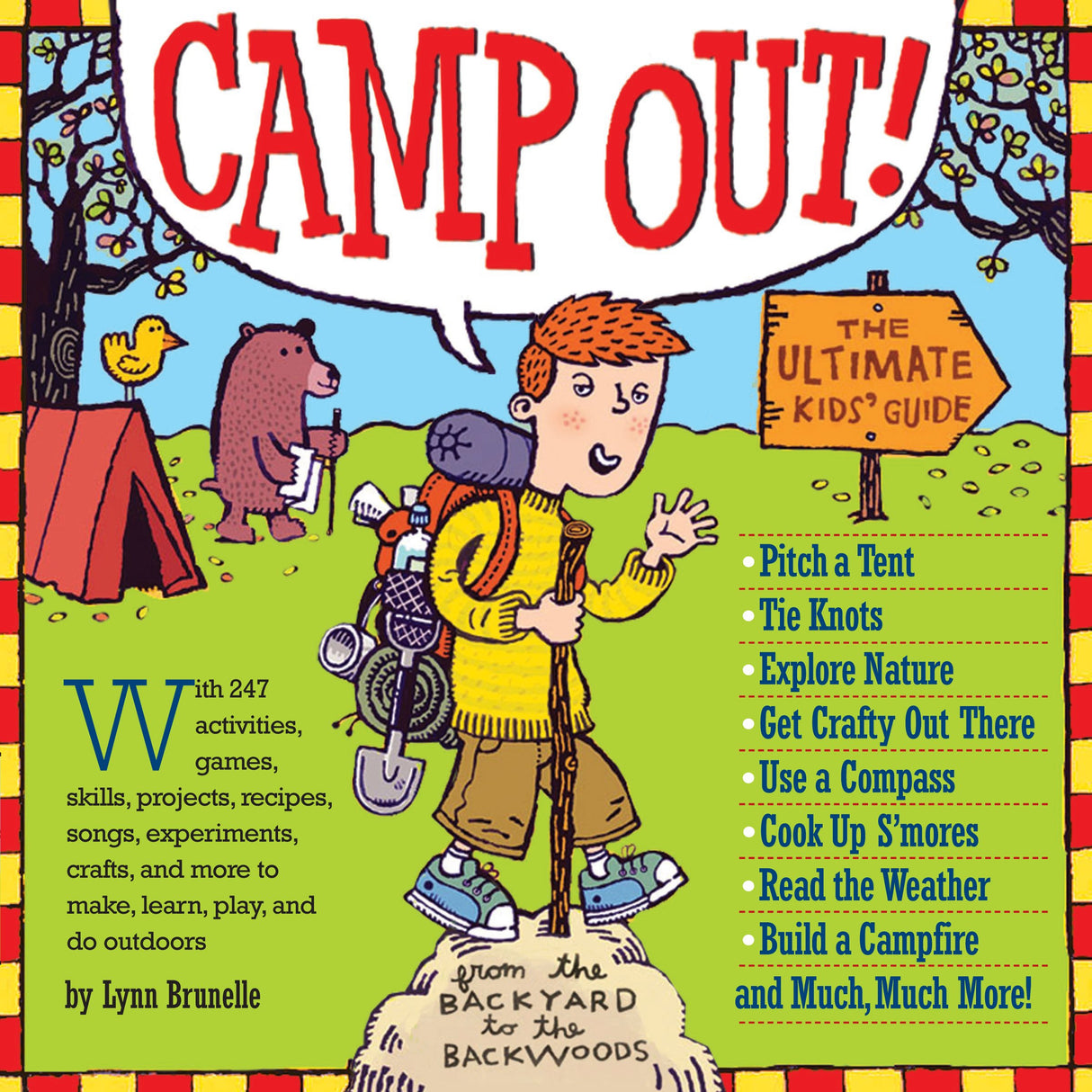 Cover of Camp Out! featuring a child hiking with camping gear, a bear, and a sign listing outdoor activities for kids.