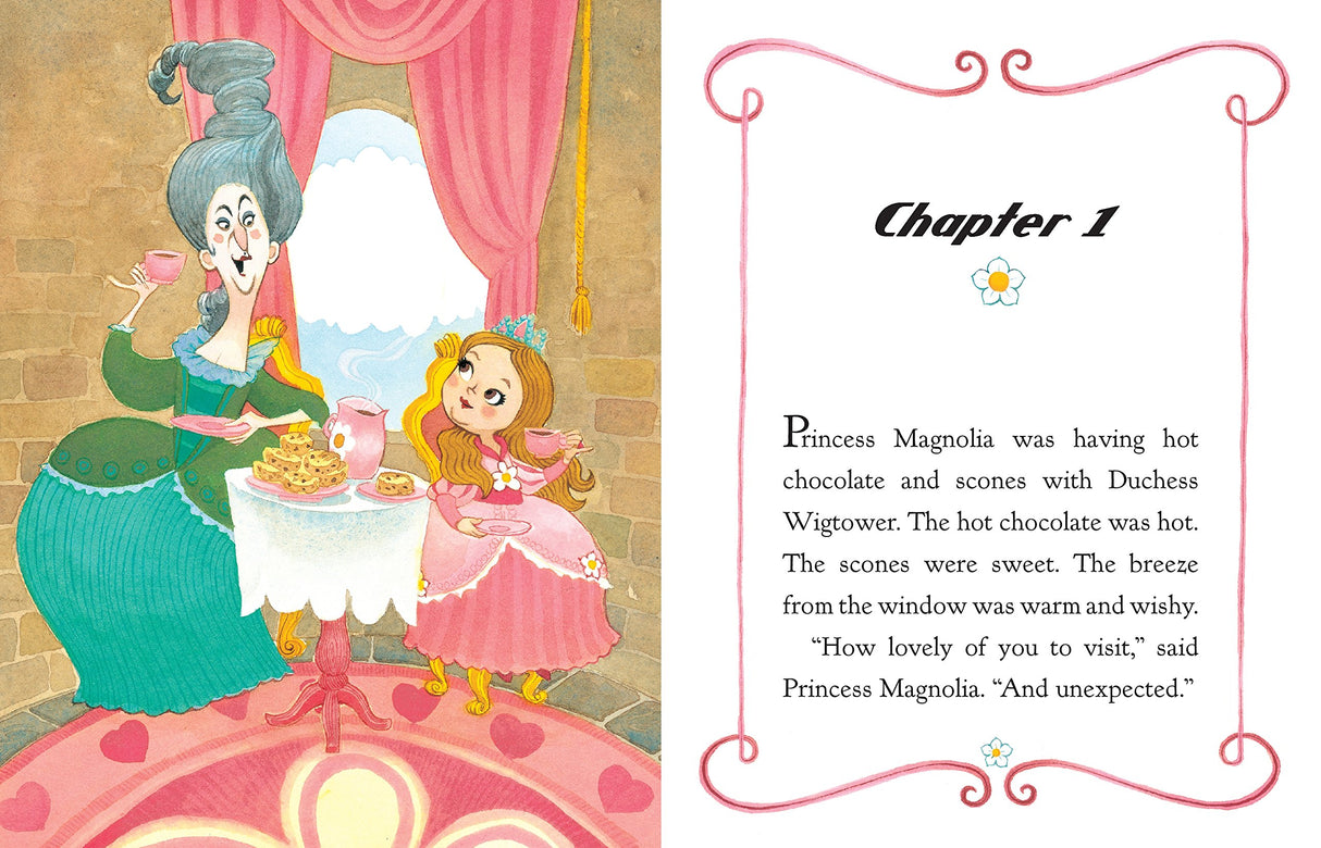 The Princess in Black book illustration of Princess Magnolia and Duchess Wigtower enjoying hot chocolate and scones.