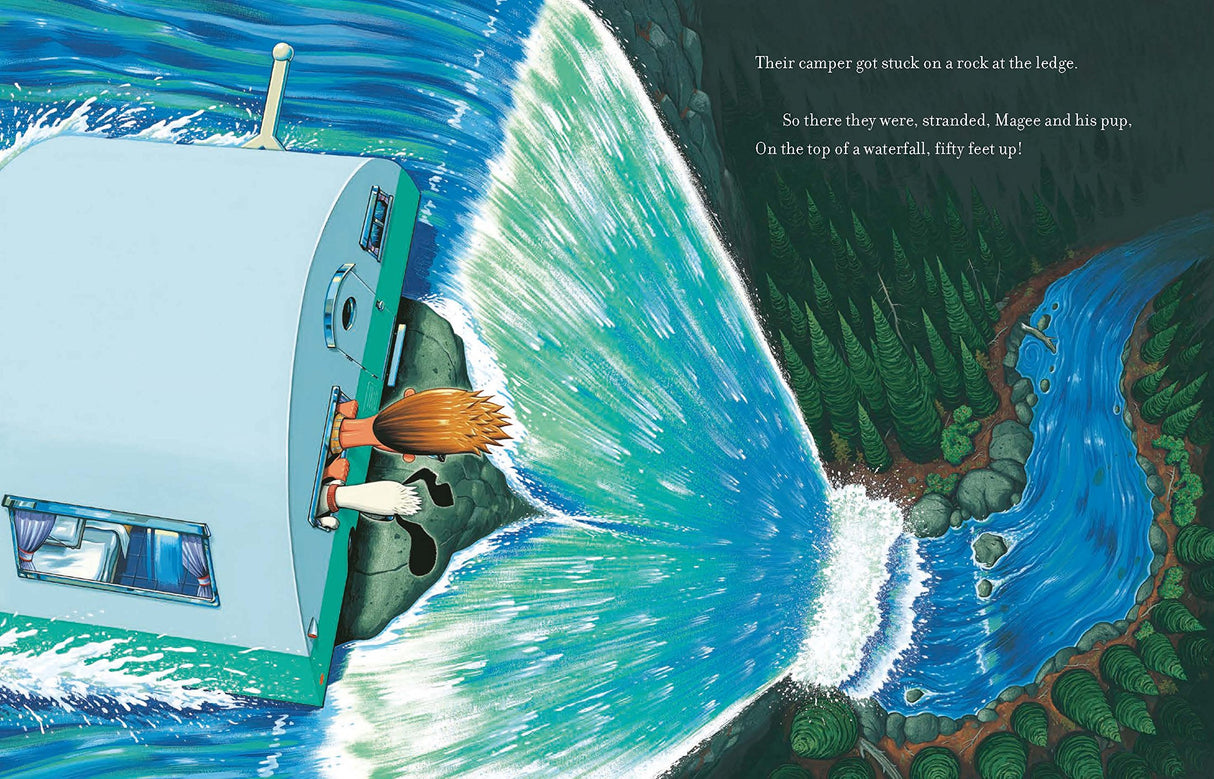Illustration from Camping Spree With Mr Magee showing Mr. Magee and dog stuck at waterfall’s edge in camper van.