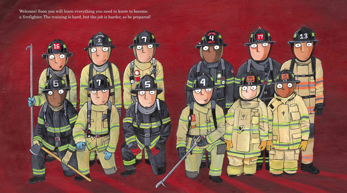 Firefighter's Handbook illustration showing diverse firefighters in training gear against a red background.