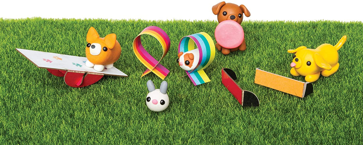 Mini Clay World Pet Adoption Truck with colorful clay animal figures including dogs and a bunny on grass.