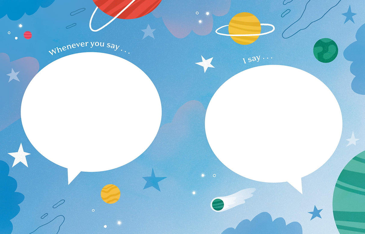 A space-themed fill-in page from A Book About Dad with speech bubbles for imaginative prompts.