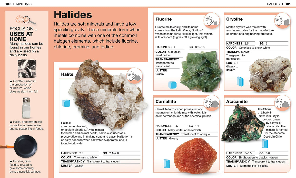 Pocket Genius Rocks & Minerals showing detailed profiles of halides like halite, fluorite, cryolite, carnallite, and atacamite minerals.