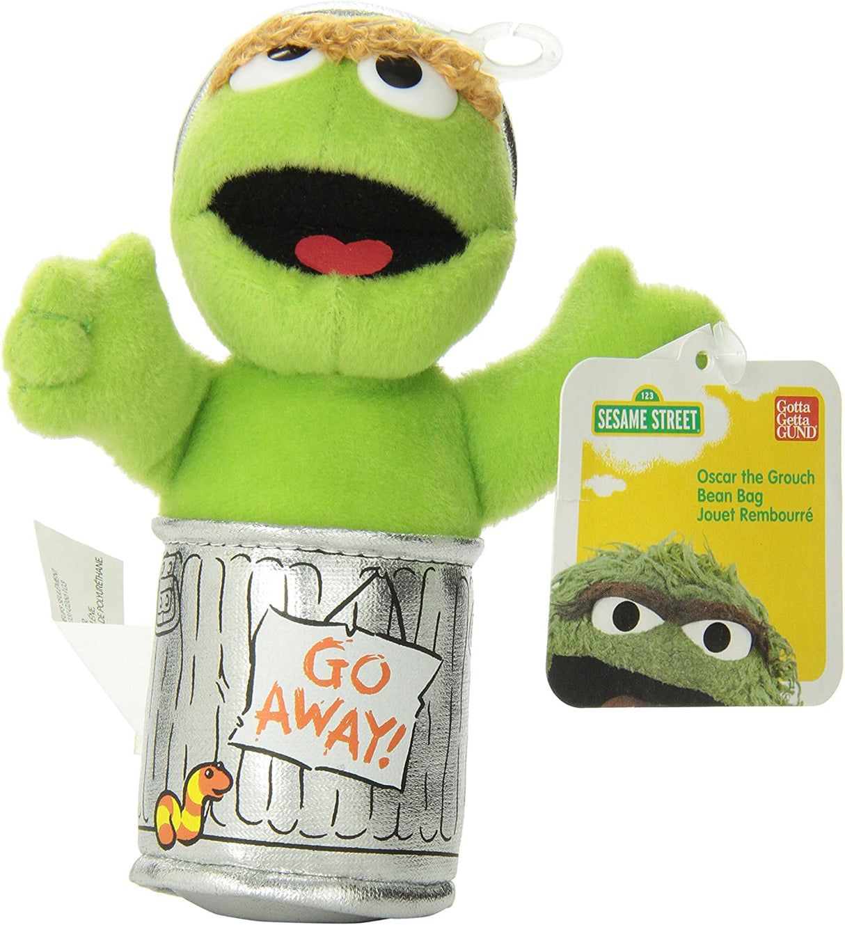Sesame St Character Oscar the Grouch 7” beanbag plush toy in trash can with Go Away sign, soft and surface-washable.