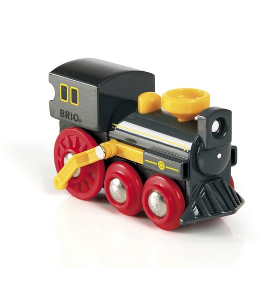 Old Steam Engine toy with moving pistons and red wheels designed for BRIO train tracks, suitable for ages 3 and up.