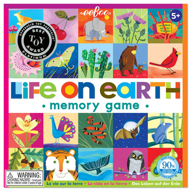 Life on Earth Memory Game box featuring colorful flora and fauna illustrations for ages 5 and up.