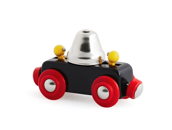 Bell Wagon Car wooden toy with red wheels and a silver bell that rings when rolled back and forth for kids ages 3 and up.