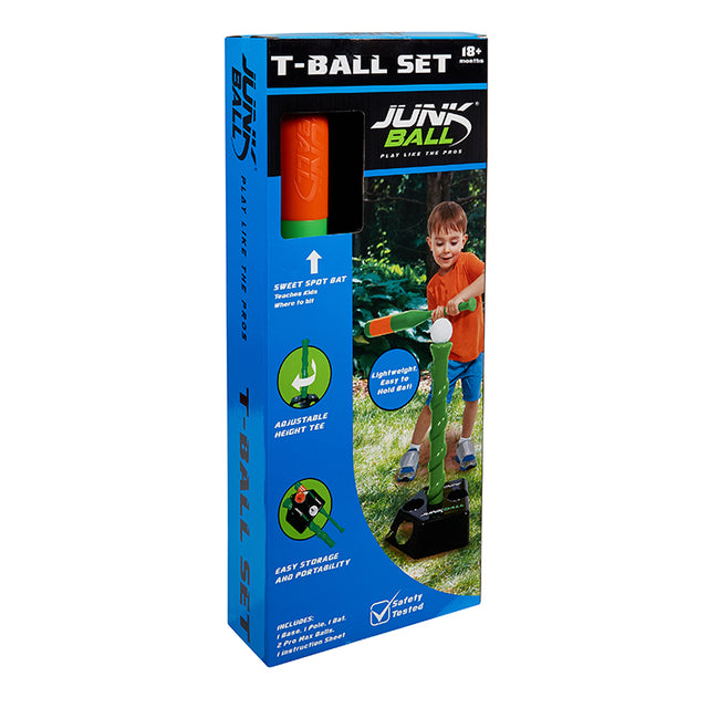 Junk Ball T Ball Set packaging showing adjustable height tee, sweet spot bat, and easy storage for kids 18 months and up.