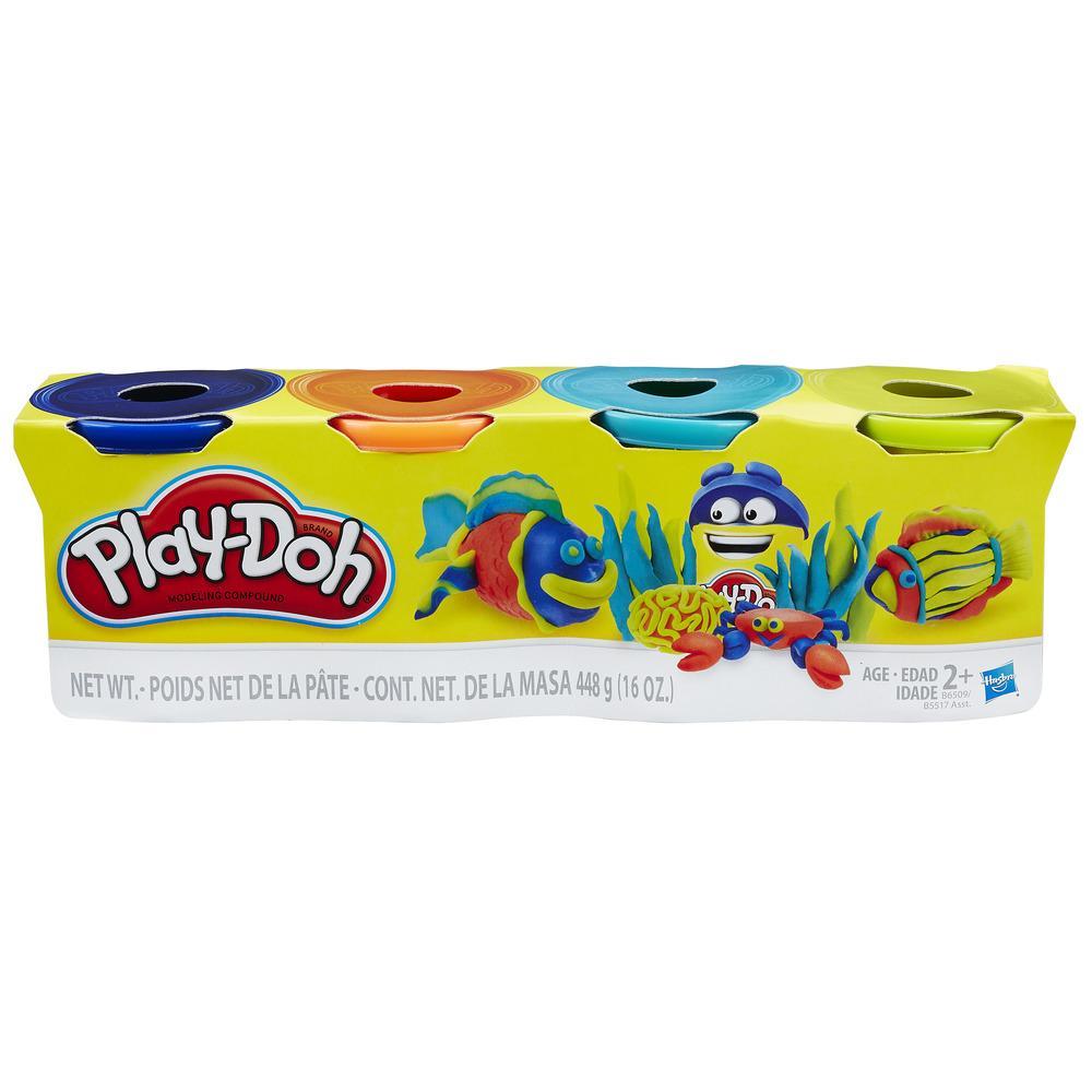 Play Doh variety pack with four colorful tubs for creative molding and fun craft activities for kids ages 2 and up.