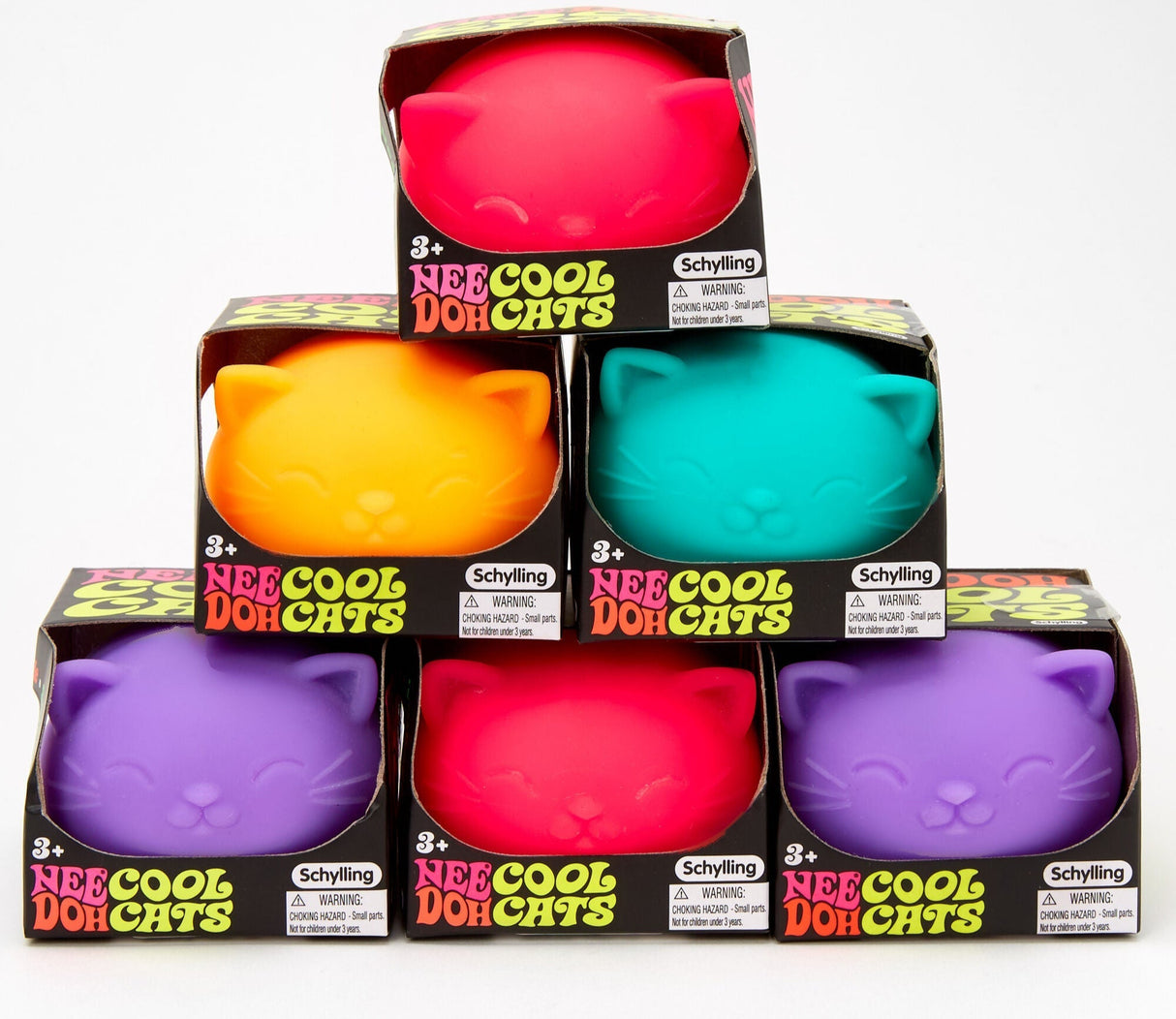 NeeDoh Cool Cat stress ball in assorted colors with cat-shaped squishy texture, perfect for fidgeting and stress relief.