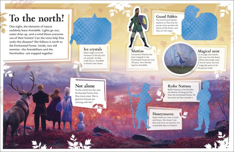 Magical Sticker Book | Frozen II open showing colorful character and nature illustrations with fun facts and sticker spaces.