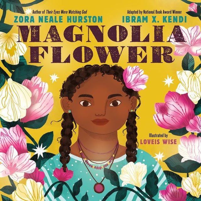 Cover of Magnolia Flower book featuring an Afro-Indigenous girl surrounded by magnolia blossoms and stars.