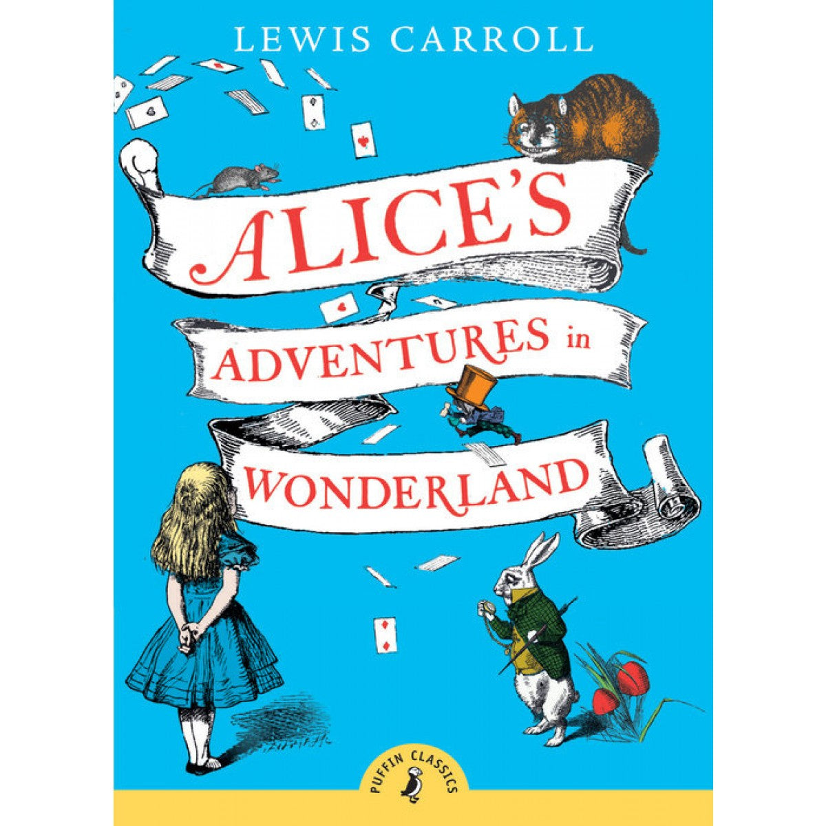 Alice's Adventures in Wonderland book cover with Alice, White Rabbit, playing cards, and Cheshire Cat on blue background.