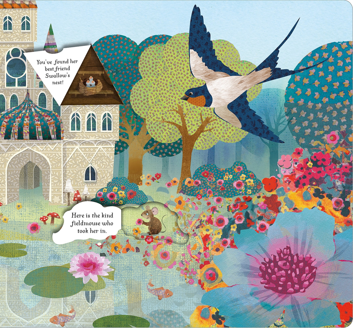 Fairy Tales Lift the Flap book page with colorful illustrations of a swallow, field mouse, flowers, and a castle background.