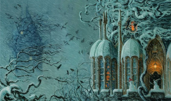 Illustrated eerie scene from Harry Potter and the Chamber of Secrets Illustrated Edition showing enchanted castle towers in a dark forest.