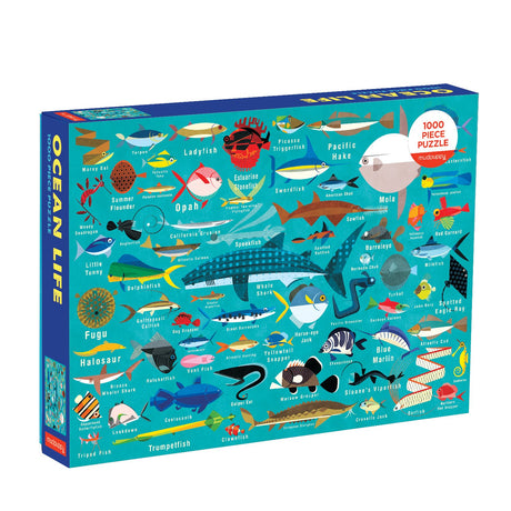 1000pc Ocean Life Puzzle featuring colorful fish illustrations in a sturdy box, perfect for family fun and education.