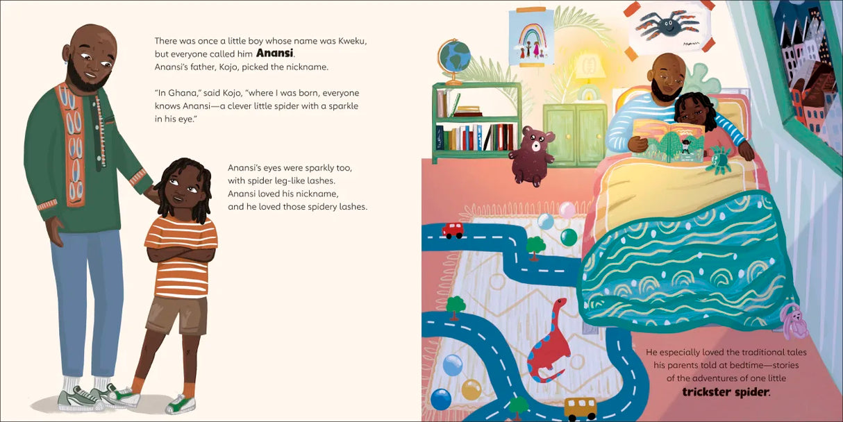 Anansi and the Golden Pot illustrated scene with boy Anansi, his father, bed, toys, and colorful room decor.