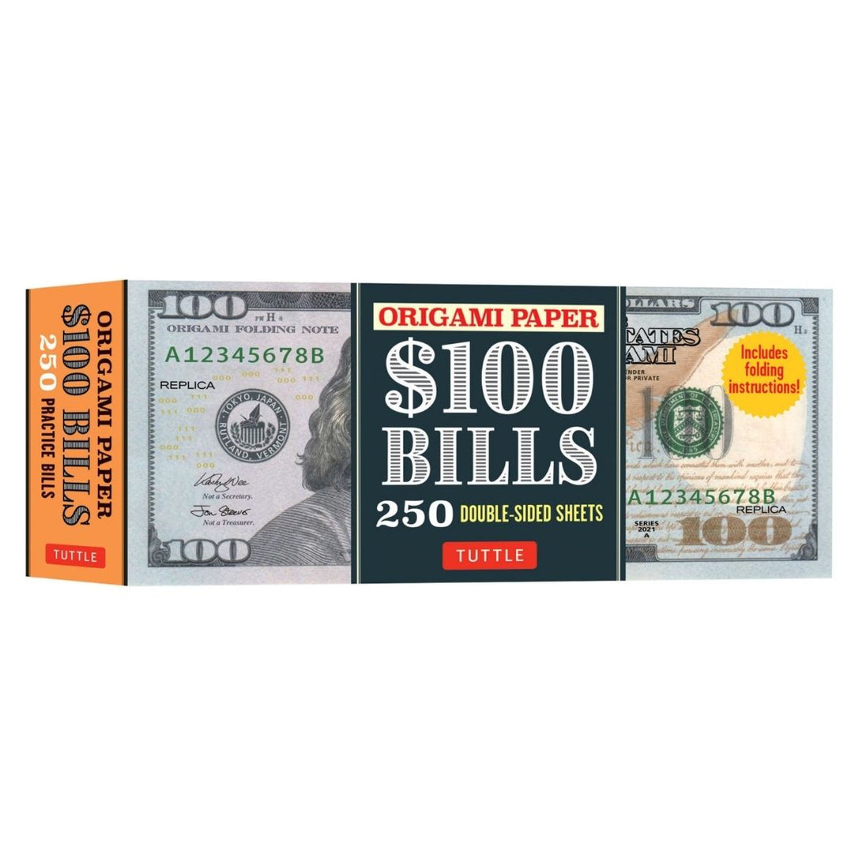 Origami Paper $100 Bills pack with 250 double-sided practice sheets and folding instructions for money origami projects.