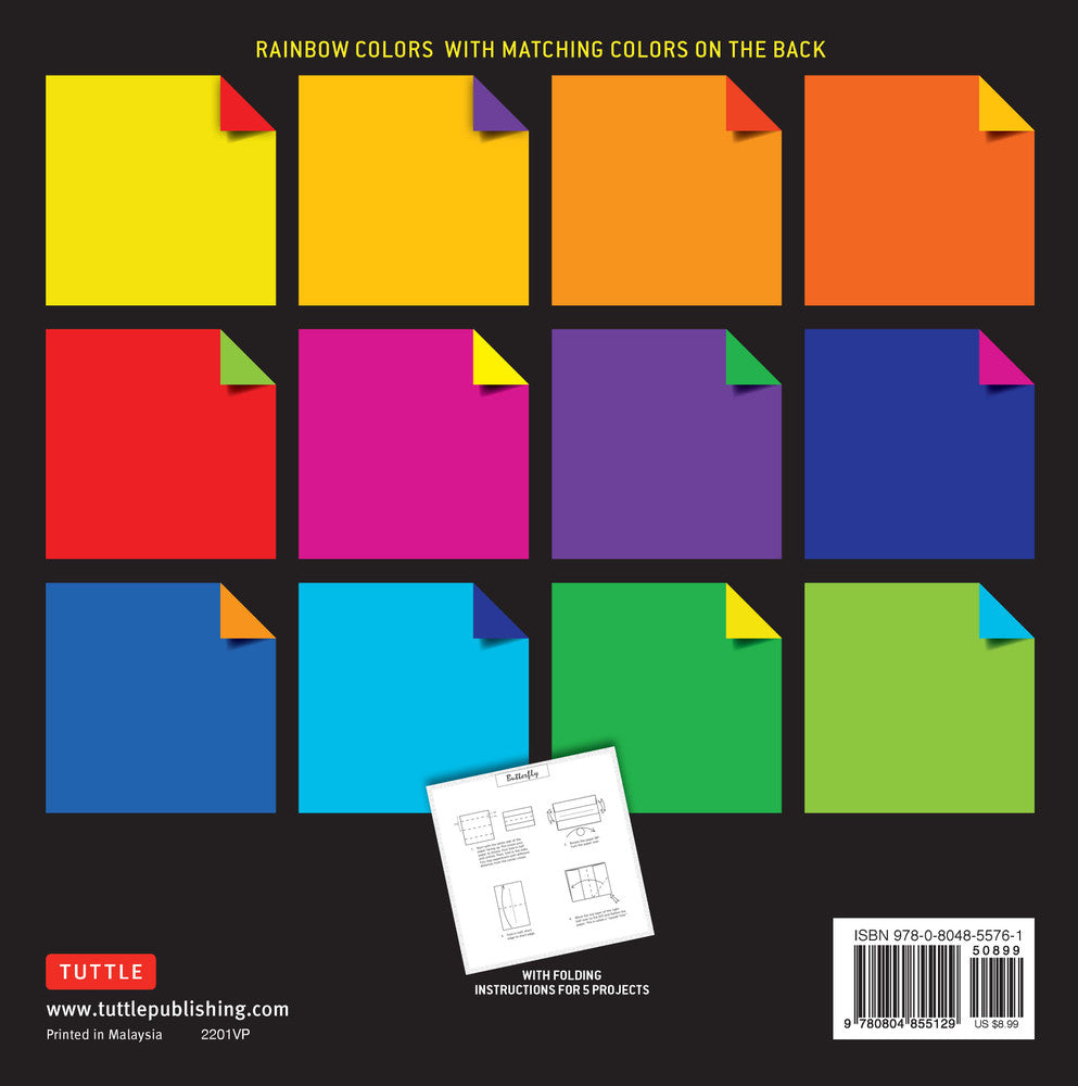 Origami Paper Rainbow Colors pack showing 12 double-sided vibrant origami sheets with matching back colors.