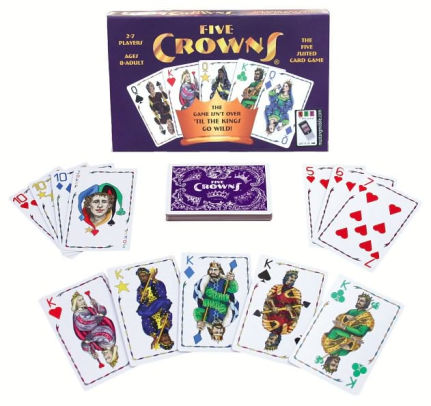 Five Crowns card game box and unique five-suit playing cards laid out for a rummy-style game.