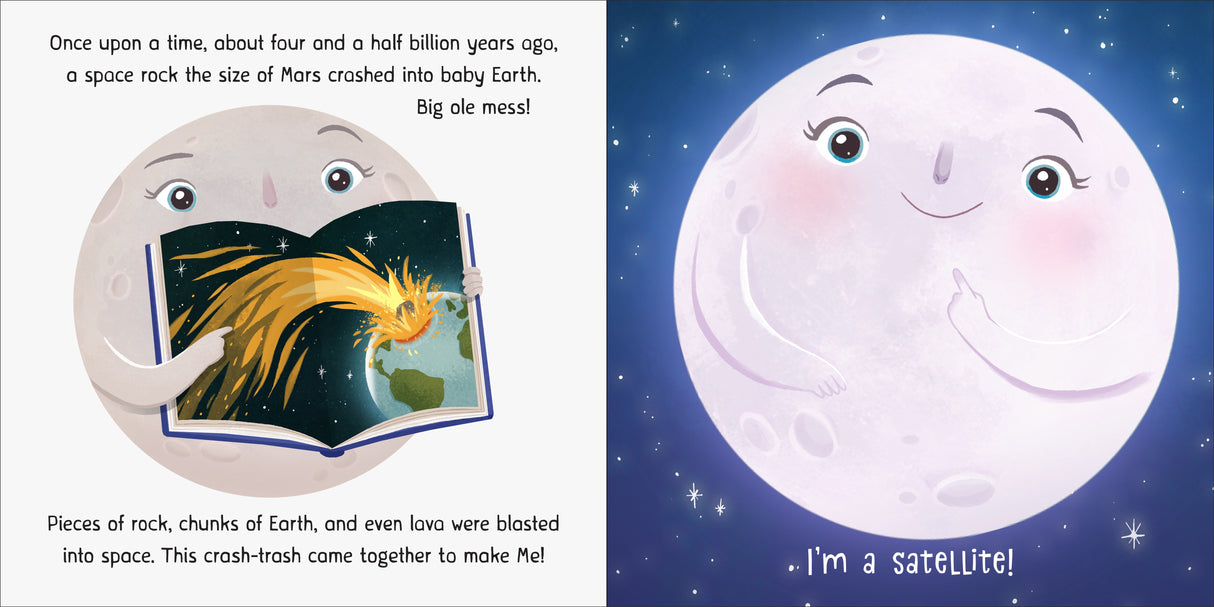 Illustration from Moon! Earth's Best Friend showing the moon holding a book and smiling as it introduces itself as a satellite.