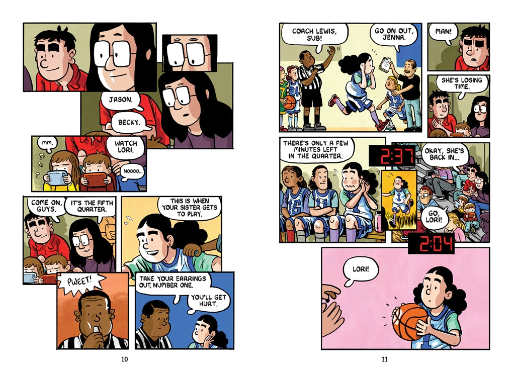 Pages from The Fifth Quarter showing Lori playing basketball in the extra fifth quarter period with teammates and coach.