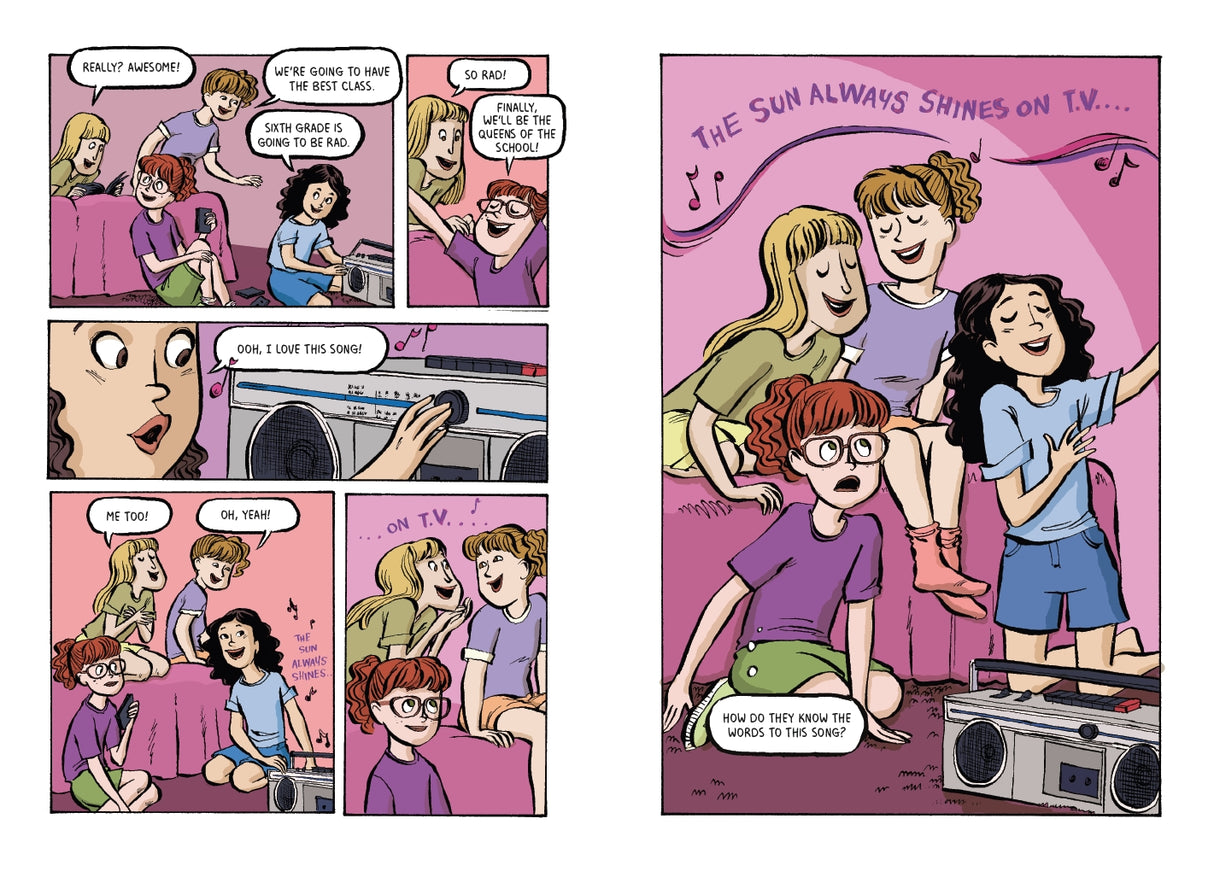 Best Friends book pages showing kids talking, listening to music, and enjoying friendship in a colorful comic style.